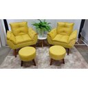 Ver imagem 1 de Kit 02 Poltrona Decorativa Opala + 02 Puff Redondo Suede Amarelo-pandora Decor