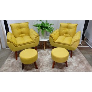 Kit 02 Poltrona Decorativa Opala + 02 Puff Redondo Suede Amarelo-pandora Decor