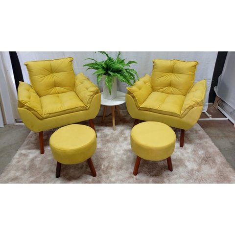 Kit 02 Poltrona Decorativa Opala + 02 Puff Redondo Suede Amarelo-pandora Decor