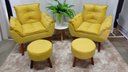 Ver imagem 1 de Kit 02 Poltrona Decorativa Opala + 02 Puff Redondo Suede Amarelo-pandora Decor