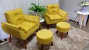 Ver imagem 2 de Kit 02 Poltrona Decorativa Opala + 02 Puff Redondo Suede Amarelo-pandora Decor