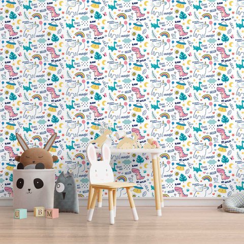 Papel de Parede Infantil - Dino e Unicórnio Arte Destaque 2 Metros