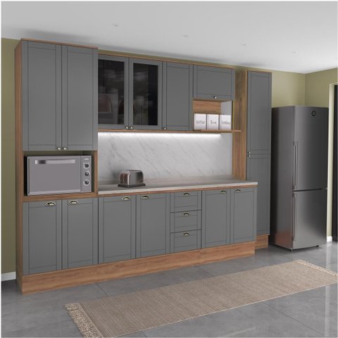 Armário de Cozinha Completa com Balcão Milla Lia Prime Carraro Nogal com Cinza Titânio