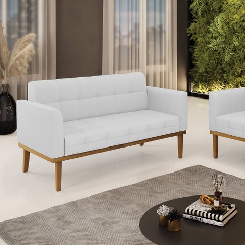 Poltrona Namoradeira Decorativa Karen Pés Fixo em Madeira Castanho Linho Cinza G19 - Gran Belo