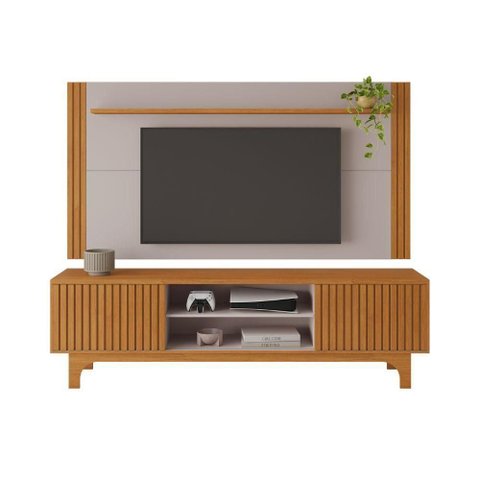 Painel Rack Trunfo Ripado Portas de Correr Pés Mdf Jcm Cinamomo / Off
