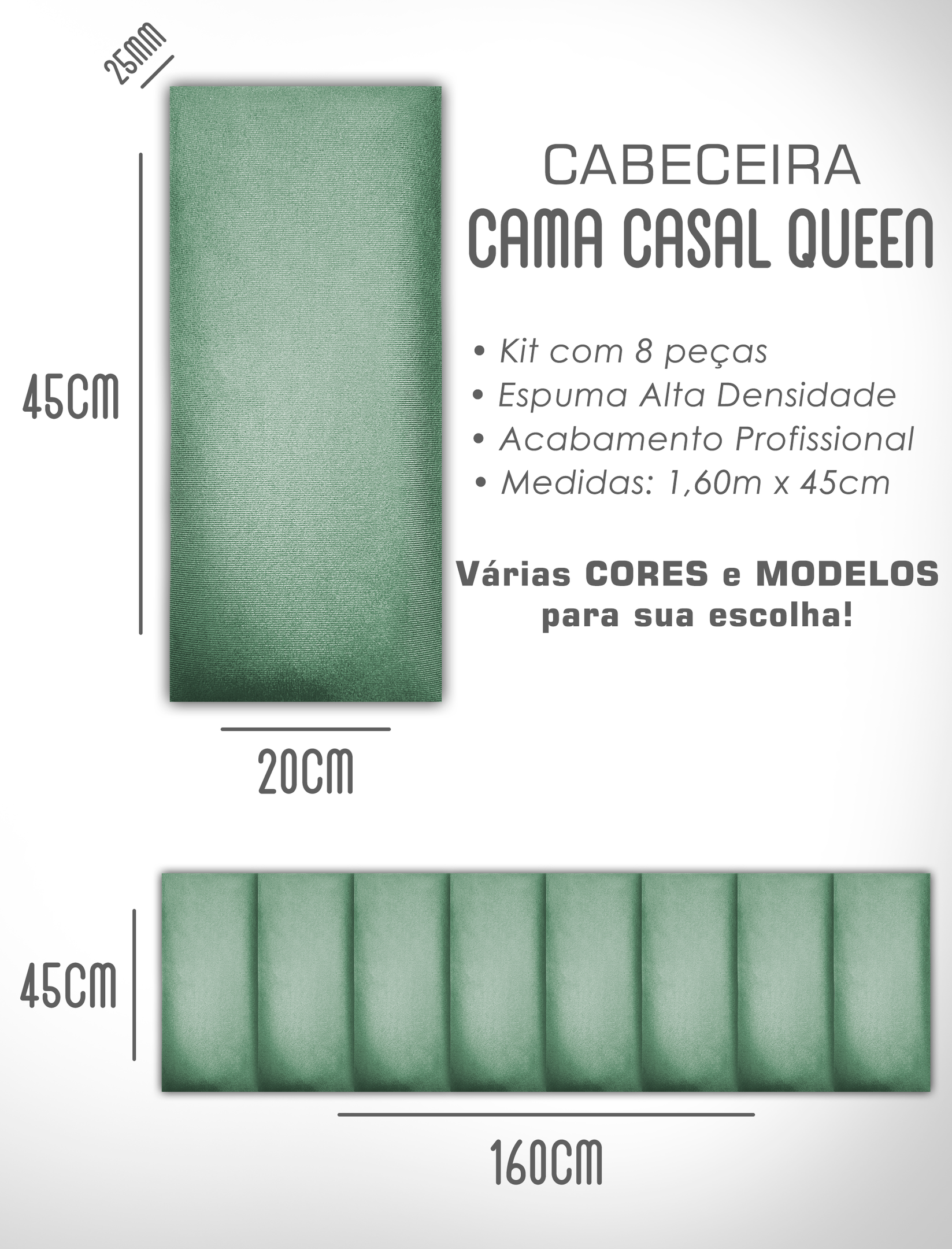 Cabeceira de Cama Box Solteiro Casal Queen King Estofada Modular 45x20cm - 6