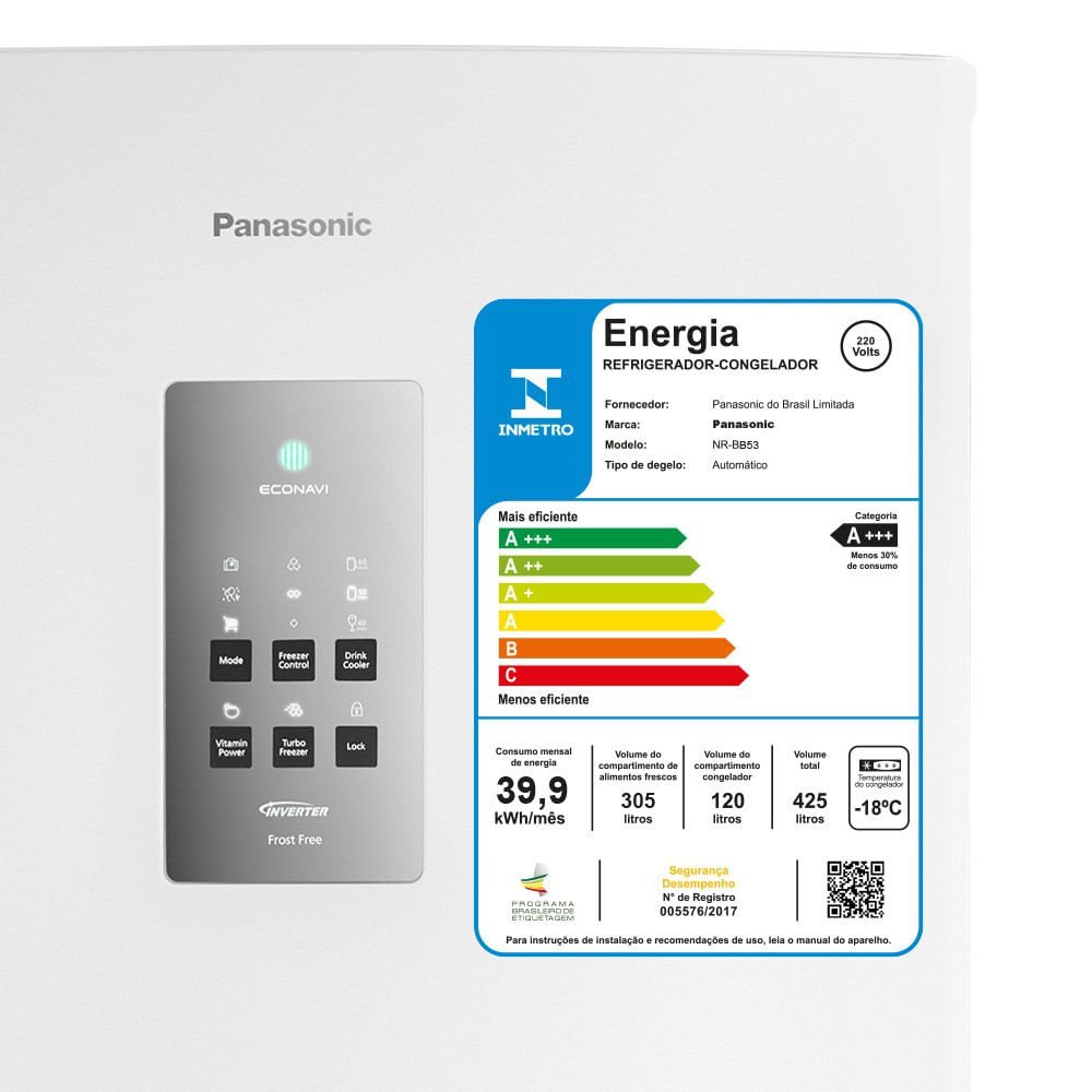 Geladeira Panasonic 425 Litros Duplex Frost Free Branca - Nr Bb53pv3w - 220v - 8
