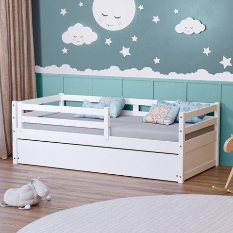 Bicama Solteiro Slim Rb com Grade de Proteção Madeira Maciça Branco Housin