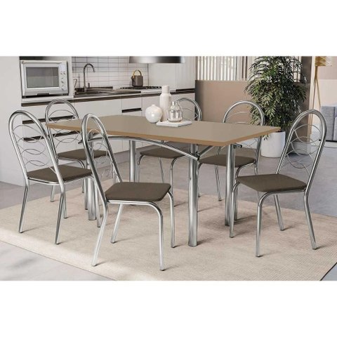 Sala de Jantar Completa Elba Tampo Madeirado C/ Vidro 160cm e 6 Cadeiras Holanda Cromada/freijo