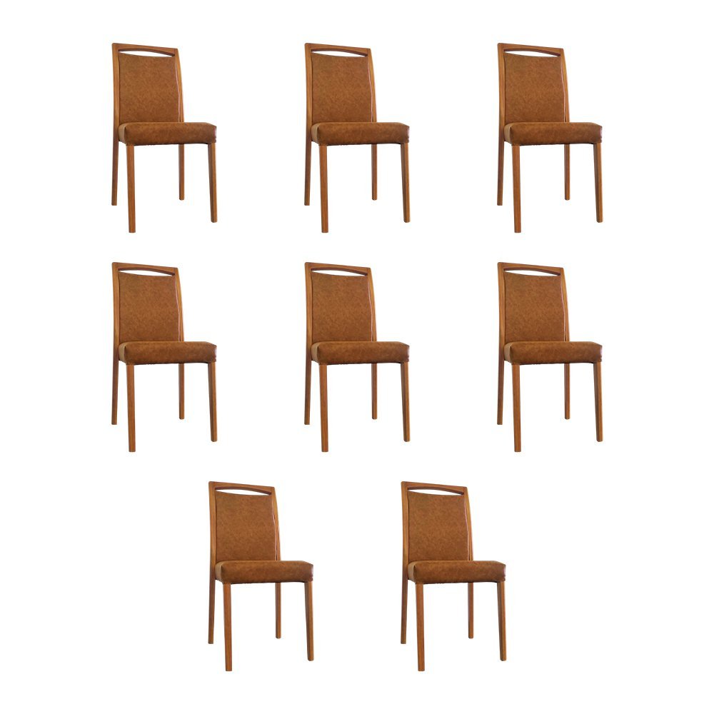 Kit 8 Cadeiras de Jantar Luxo Estofadas Jade Corino Caramelo Base Madeira Maciça Mel
