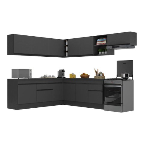 Armário de Cozinha Completa de Canto com Rodapé Veneza Multimóveis V2103 Preto