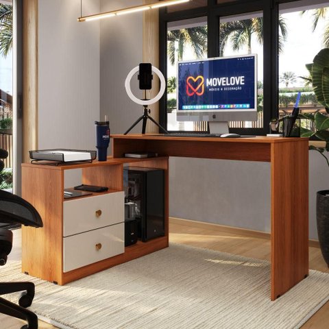 Mesa para Computador Flex em L ou Linear com Corrediças Telescópicas e Puxadores ABS Jequitiba/Off