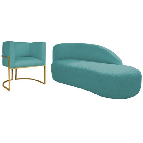 Kit Divã Luna 185cm Lado Direito e 01 Poltrona Base de Ferro Dourado Suede Azul Turquesa