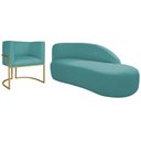 Ver imagem 1 de Kit Divã Luna 185cm Lado Direito e 01 Poltrona Base de Ferro Dourado Suede Azul Turquesa