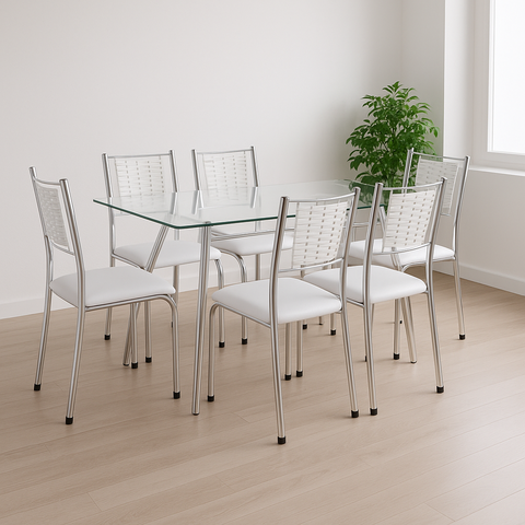 Kit 6 Cadeira Jantar Moderna Cromada Aço Junco Cozinha Sala