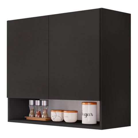 Armário Aéreo Multiuso Meg 80cm 100%mdf 02 Portas com Nicho Integrado Preto - Desk Design
