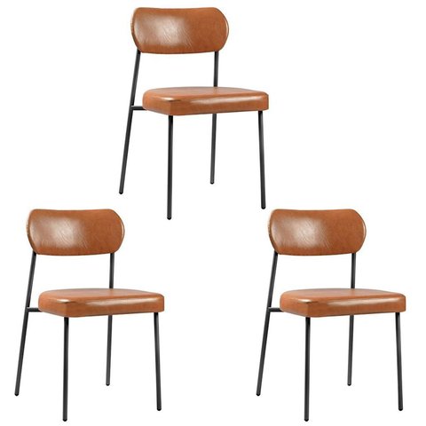 Kit 3 Cadeiras para Sala de Jantar Couro Sintético Design Aço Carbono Lavinia Marrom/Preto