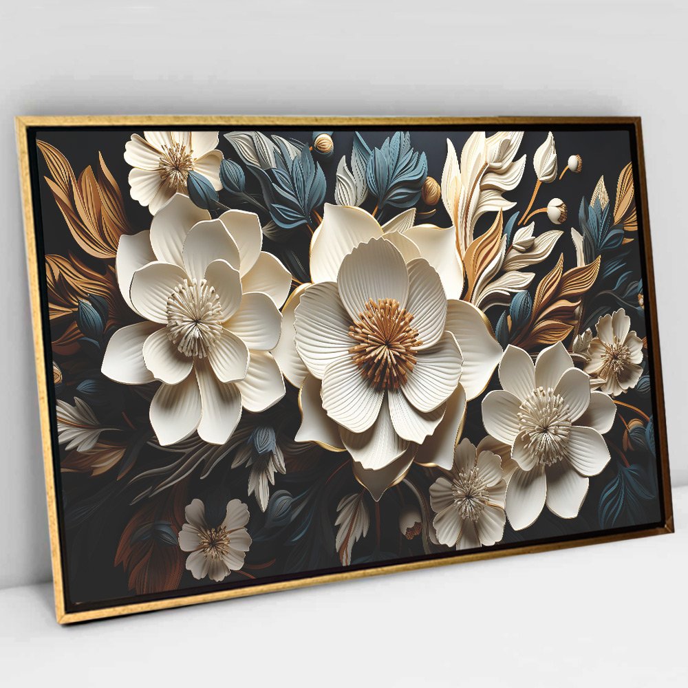 Quadro Decorativo Floral Luxo Flores Tons de Ouro e Azul em Tela Canvas Tacolado Moldura Flutuante 4 - 1