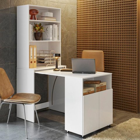 Mesa com Estante Escritório Veneza Branco