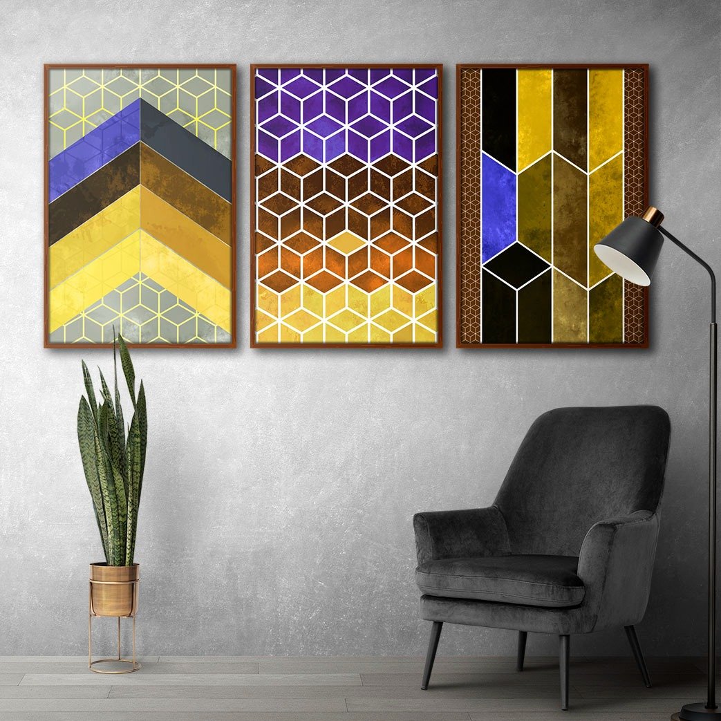 Quadros Decorativos Textura CX Alta 40x60 Chevron Cores 3 Un - Cor Amarelo Moldura Ocre - 4