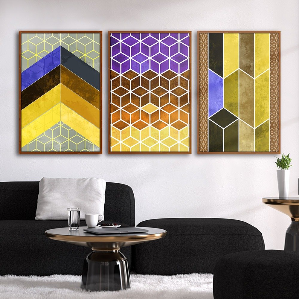 Quadros Decorativos Textura CX Alta 40x60 Chevron Cores 3 Un - Cor Amarelo Moldura Ocre - 5