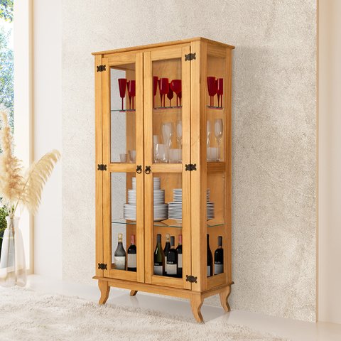 Cristaleira de Madeira Antiga com 2 Portas de Vidro Bella Lunna