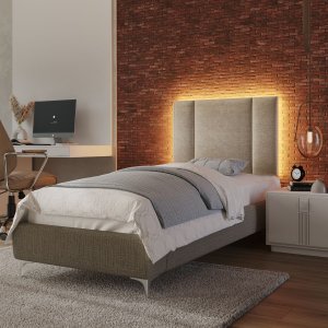 Cabeceira Estofada Cama Box Solteiro com Led Moderna 90 Cm:linho Bege
