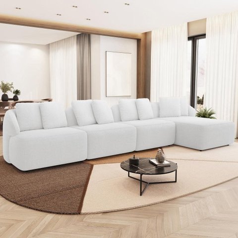 Sofá 5 Lugares com Chaise Direito Sala Living 388cm Arlo F04 Bouclê Off White - Lyam Decor