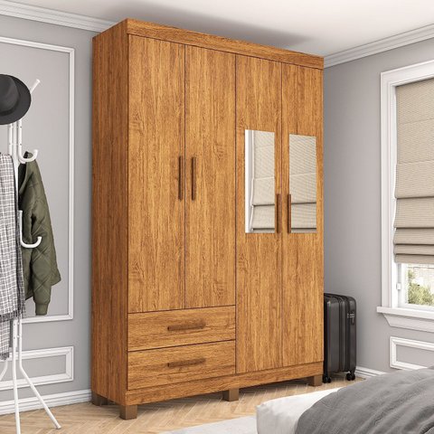 Guarda-Roupa 4 Portas 2 Gavetas com Espelho e Pés Genova Marrom/Cinamomo