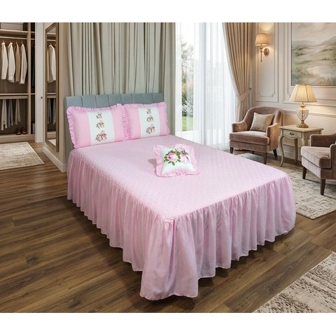 Kit 4 Pçs Colcha Casal Padrão Sofi Estampa Digital com Babados:Rosa