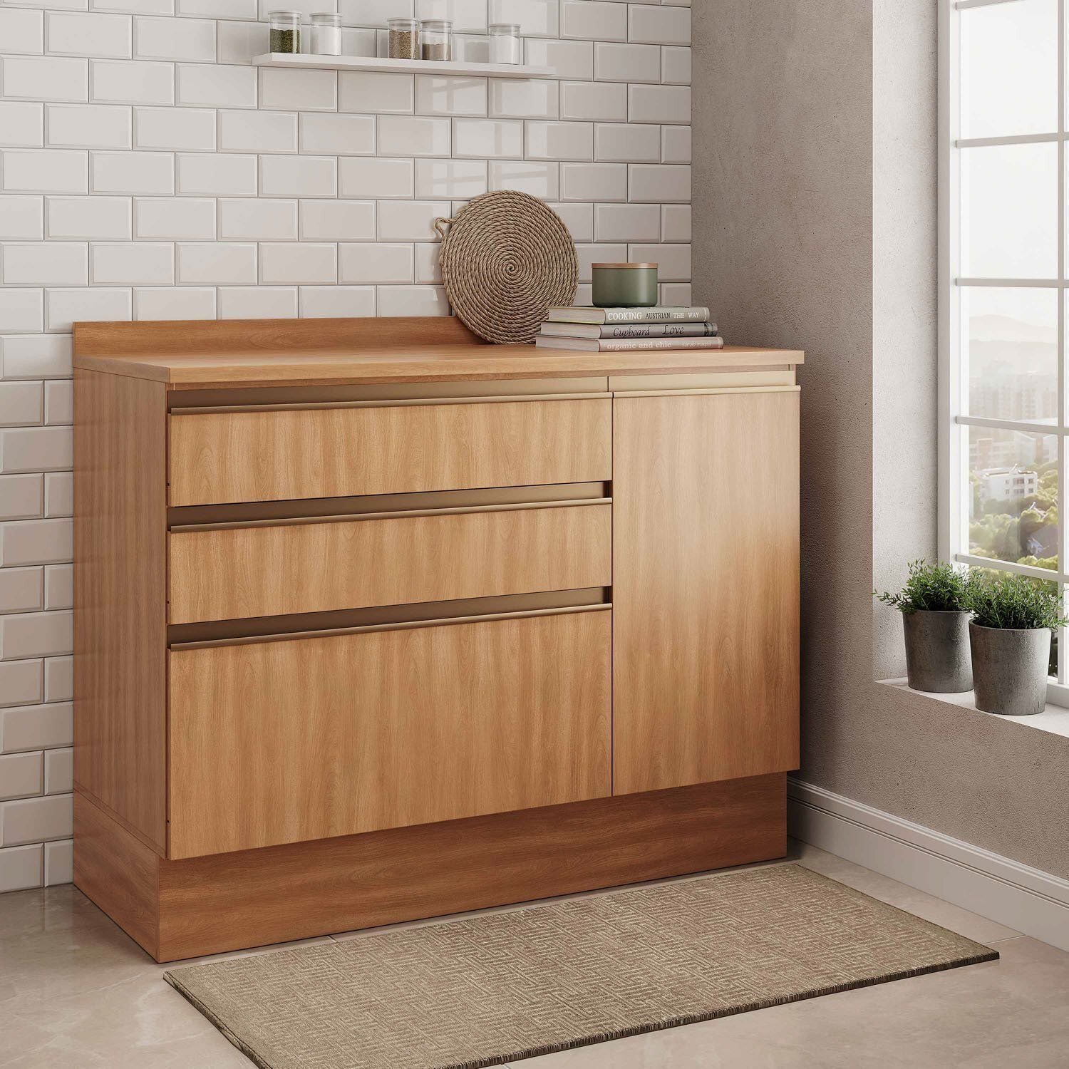 Balcão 1 Porta 3 Gavetões 120cm com Tampo Aroeira Cabecasa Madeiramadeira