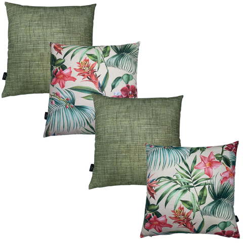 Kit 4 Capas de Almofada Impermeável Estampa Digital 100% Algodão Flores Salmão Verde Riscado 43CMX43