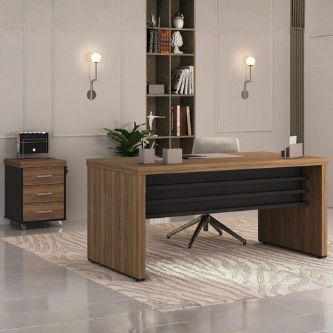 Conjunto Mesa Tamburato 158,5cm Gaveteiro 3 Gavetas Marrom/Nogal/Preto Artany