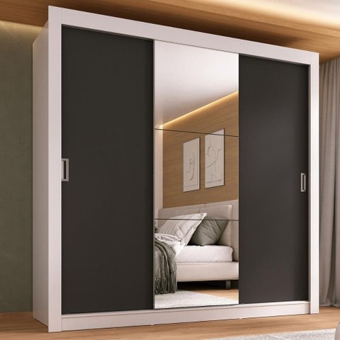 Guarda-roupa Casal Multimóveis Barcelona 3 Portas de Correr com Espelho Cr35402 Branco/preto