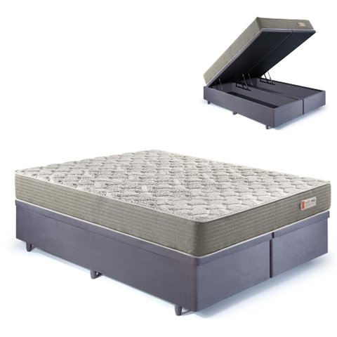 Base Box Baú Bipartido Casal 138x188 Suede Cinza com Colchão Ecoline D40 Espuma