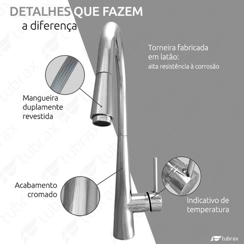 Torneira Cozinha Gourmet Misturador Monocomando Cromo Tubrax