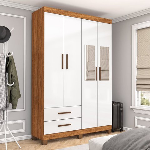 Guarda-Roupa 4 Portas 2 Gavetas com Espelho e Pés Genova Branco/Cinamomo