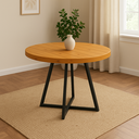 Ver imagem 1 de Mesa Redonda 90cm com Tampo em Madeira Ripada e Base de Ferro – Estilo Industrial