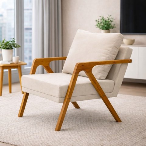 Poltrona Mona Luxo Madeira Maciça Tecido Linho Bege