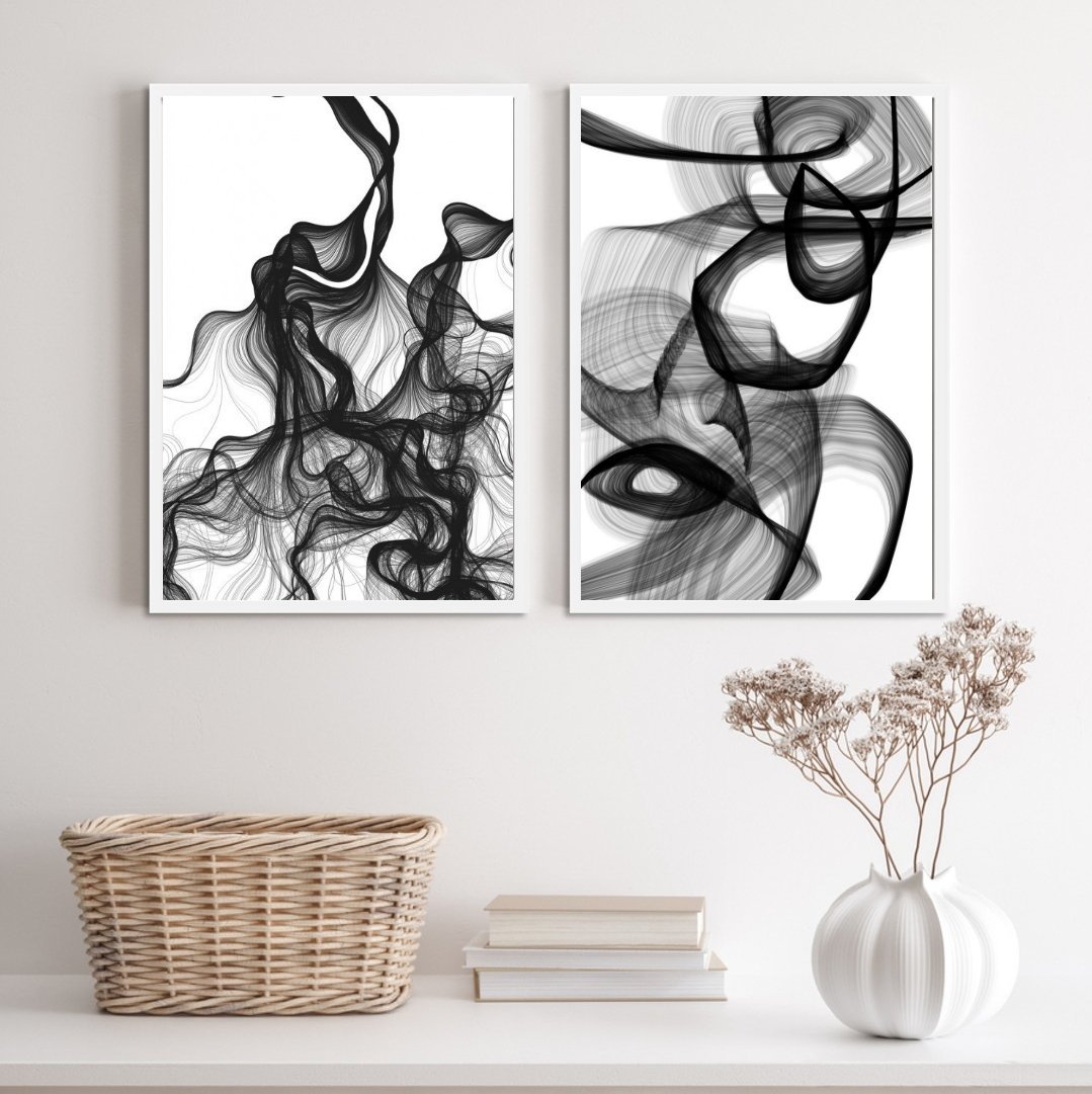 Kit 2 Quadros Abstratos Mulher Preto e branco 45x34cm - com Vidro:madeira Branca - 2