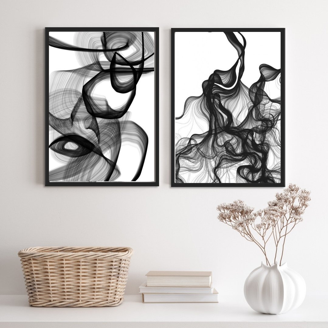 Kit 2 Quadros Abstratos Mulher Preto e branco 45x34cm - com Vidro:madeira Branca