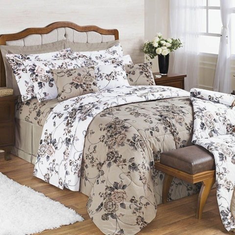 Kit Cobre Leito Colcha Encatare Casal 3 Peças Percal 200 Fios 100% Algodão - Floral Samara