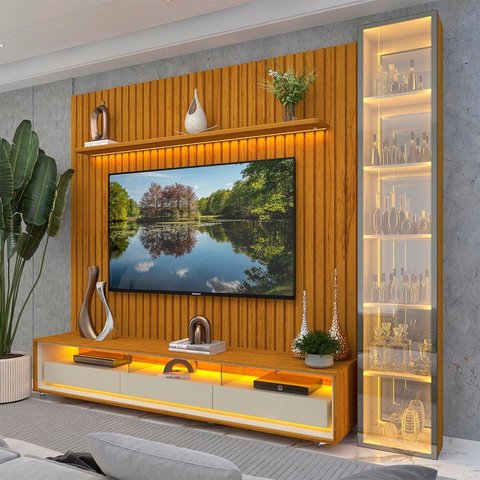 Rack com Painel Ripado para Tv até 85" 3g1p Led/rodízios/esp 100% Mdf Nobre Clean/requinte/luminare 224cmx266,8cm