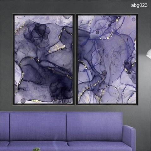 Kit 02 Quadros Abstrato Efeito Marmore Lilas e Dourado Abg023 Vidro Impressão Uv 40x60cm Cada