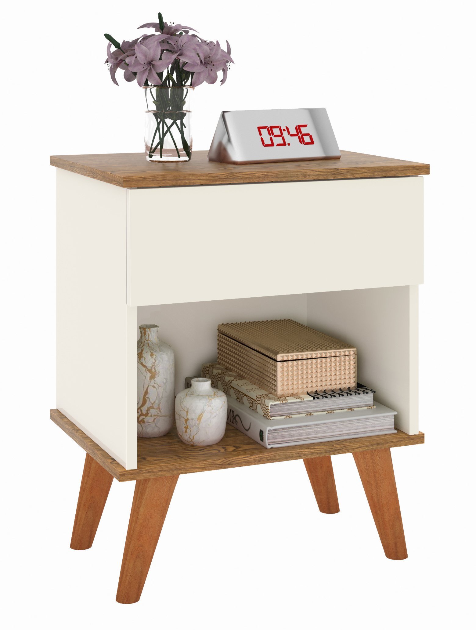 Mesa De Cabeceira Duda 1 Gaveta Pés Palito: Off White / Freijó