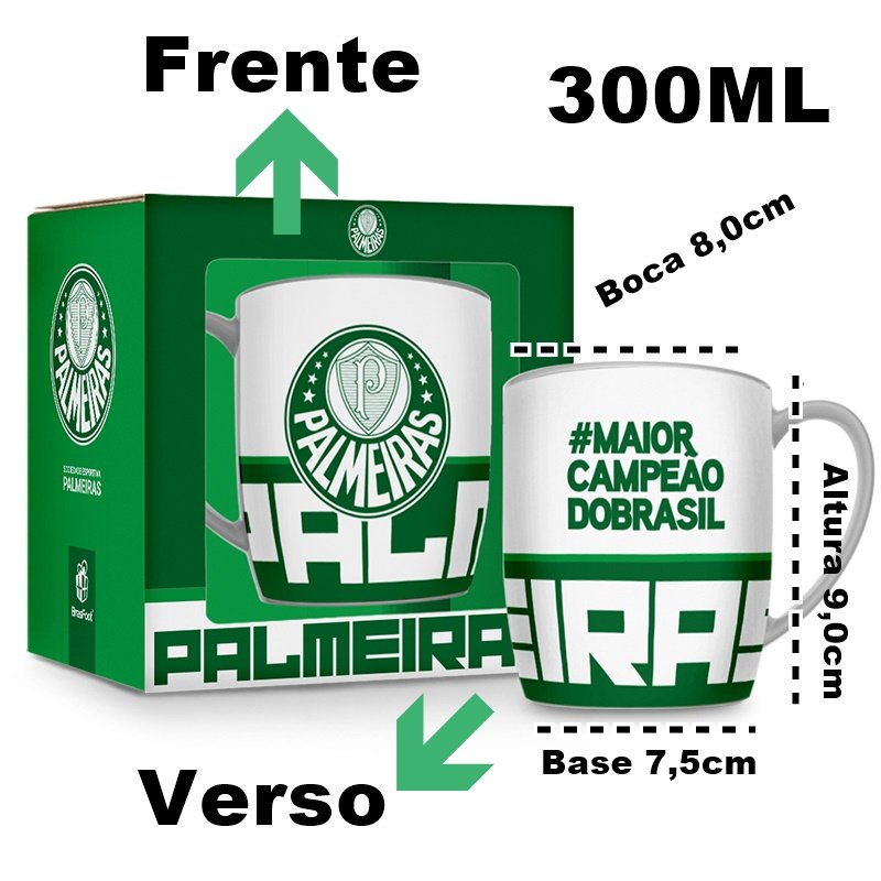 Caneca Porcelana Premium Brasfoot Palmeiras 300 Ml Urban Licenciada Branco - 3