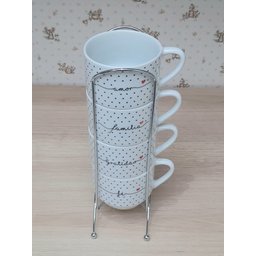 Kit Jogo 4 Xicaras Café Chá Hotel 200ml Empilháveis com Suporte - Poá Preto Frases - 5