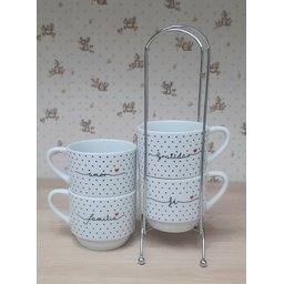 Kit Jogo 4 Xicaras Café Chá Hotel 200ml Empilháveis com Suporte - Poá Preto Frases - 4