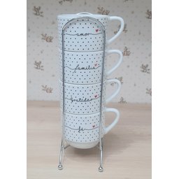 Kit Jogo 4 Xicaras Café Chá Hotel 200ml Empilháveis com Suporte - Poá Preto Frases - 2