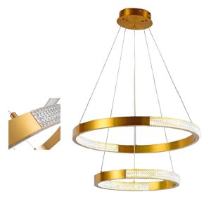 Lustre Luminaria Arco 2 Aneis Cristal Led Pedente 52W Dourado Casa Sala de Estar Restaurante Sala de
